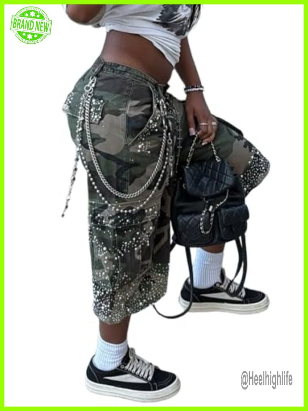 Women's Camo Cargo Shorts High Waist Pearl Rhinestone Wide Leg Jean Shorts